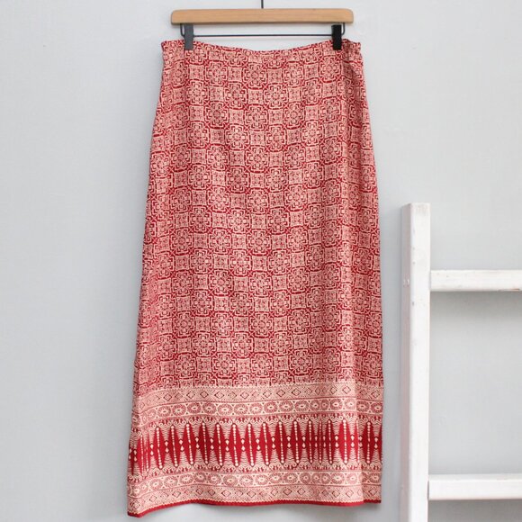 Liz Claiborne VTG Y2K Red Cream Faux Wrap Silk Tribal Print Maxi Skirt Size 10 - Picture 2 of 6